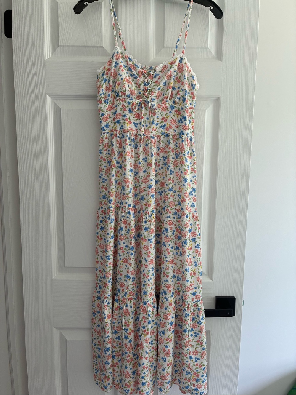 Floral Spaghetti-Strap Maxi Dress in Cream with Pink & Blue Flowers